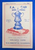 1951 FA Cup Semi-Final Football Programme, Newcastle United v Wolverhampton Wanderers, at