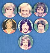Collection of Manchester United player pin badges 1970’s 64mm diameter to include Sammy McIlroy, Lou