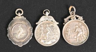 3x 1920-1951 Silver Football Fob Medals: two engraved C T C 1929-30 C Kemp, and a F I S A runners up