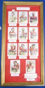 Framed and special glass set of England Players card caricatures each set against the Wembley