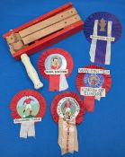 Vintage Manchester United Football Rosettes and Wooden Rattle, with age related wear
