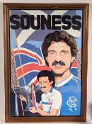 Graeme Souness Rangers Print - holding the Scottish League Cup, with printed autograph, framed under