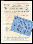 1928 England v NSW ‘Waratahs’ Rugby Programme and Ticket (2): Near-A4 4pp foldover issue, with teams