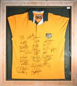 1999 Australia framed Pin-Mounted Rugby Jesey, Tiaan Strauss?: Pine-framed, 41” x 36”, with tell-