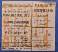 TICKET: 1969/70 Manchester United v Middlesbrough FAC 6th round replay match ticket; good. (1)