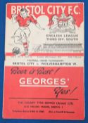 1953 Bristol City v Wolverhampton Wanderers Wolves Football Programme signed Bert Williams, 20th Jan