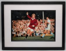Dennis Law Manchester United Football signed colour photograph, with COA Iconic scribbles, framed