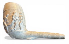 Ceramic Rugby Scene-Decorated Pipe c1900: Classic white/cream clay smoker’s pipe with large bowl,