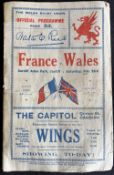 1929 Wales v France Rugby Programme: Almost 100 years old and some wear and tear to spine and back