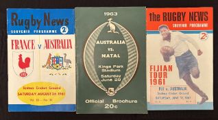 1961-3 Australian Interest Rugby Programmes (3): Australia v Fiji and v France, both at Sydney,