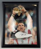 2003 Martin Johnson RWC Win Perspex framed Photo and signed Boot: Bold colourful framed display,