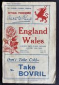 1930 Wales v England Rugby Programme: At Cardiff, sought-after, quite good for age