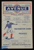 1954/55 Walthamstow Avenue v Pegasus friendly match programme 11 September 1954, 4 page; fold, score