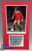 Original George Best signed lady’s jean pocket, mounted with colour photograph ready to frame, was