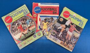 3x Panini Football Sticker Album Books 1983, part filled missing 54 stickers, 1984 complete, 1985