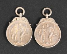 2x 1909-1910 Military Football Dashwood Cup Winners Silver Fob Medals: both awarded 4th Queens