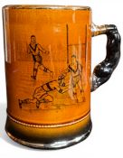 Large Glazed Brown Tankard c1930s, Rugby Action Painted: Arthur Wood, Sports Series, illustrated