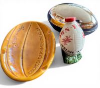 Rugby Ball Ceramic and Metal Novelties (3): Small white empty Welsh Whisky rugby-ball shaped ceramic