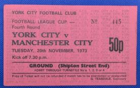 TICKET: 1973/74 York City v Manchester City Football League Cup match ticket 20 November 1973,