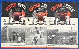 1948/49 Manchester United home match programmes Chelsea, Arsenal, Charlton Athletic; fair/good. (3)