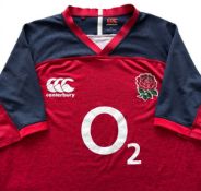 Modern England (away) CCC O2 Rugby Jersey: Short sleeved red/black abstract patterned fully logoed