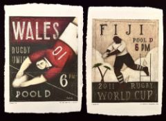 Set of 2, Wales and Fiji Rugby Posters by Paine Profitt (2): Believed to be produced for each