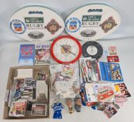 Wigan Rugby League Collectables, trade cards, stickers, padded final seats, clock, video
