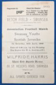 1948 Swansea Youths v Scottish Juveniles Football Programme, played at the Vetch Field Swansea