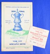 1955 FAC s/f programme York City v Newcastle United at Hillsborough plus match ticket for Leppings