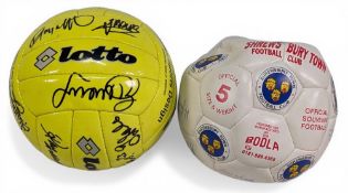2x multi signed Football, a 1990s Shrewsbury Town ball with Paul Edwards, a Lotto ball with readable