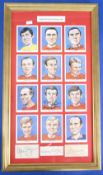 Framed and special glass set of England Players caricatures, blue background, set in a glazed