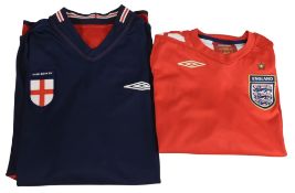 2002-2004 England FC Away Reversible Football Shirt Size XXL Umbro Blue/Red and an 2006-2008 England