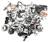 Assorted Bicycle accessories/parts – small box – brake callipers, brackets, pedal clips, gear