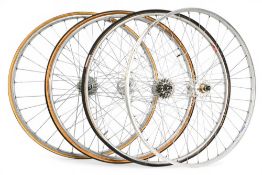 Cycling Wheels (4) with Vintage Campagnolo high flange wheel hubs – 2x rims stamped Fiamme, 1x