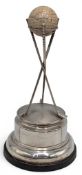 1929 Silver Hallmarked Golf Trophy, three golf clubs on wooden plinth holding a silver King dimple