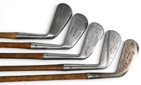 5x Various Golf irons incl Laurence Black chamfered heel and toe 1 iron, The Stadium rustless 3
