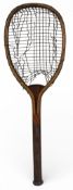 c1880 Sunwick Flat Top Wooden Tennis Racket: worn original tick gut string, round handle with