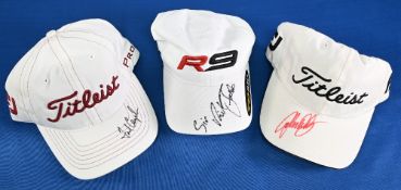 3x Signed Golf Baseball Caps – incl ‘Sir Nick Faldo’ R9 cap, Fred Couples on Titleist cap and John