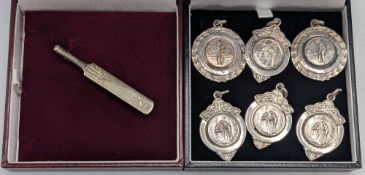 Vintage Cricket Fob Medal Awards, 6 plated fobs and a cricket bat tie clip