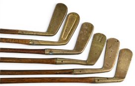 6x Various straight brass blade putters incl 1x Duplex – all fitted with grips