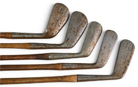 5x Golf clubs stamped with the FH Ayres of London mark incl mashie iron, jigger, round back Sammy