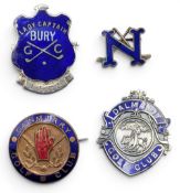4x Vintage enamel Golf Badges: a good silver Bury Lady Captain 1951 badge, Dunmurry Golf Club enamel