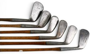 6x Assorted Golf irons mainly lofted incl Frank Johnson London key cleek mark mashie iron, C