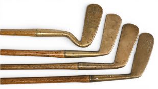 4x Assorted brass putters incl unusual severely bent neck Van de Voort 20J blade, Joe Anderson of
