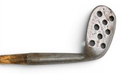 Rare and unique Tom Stewart of St Andrews water niblick with 8x well angled, drilled holes to the