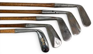 5x Left Hand Golf clubs to include 4x irons a Forgan mashie, Gibson ridged back mid iron, Maxwell