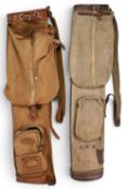 2x Canvas and leather Golf Bags – similar styled, with front pockets, shoulder straps and handles,