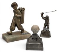 3x Smoking Golfer related figures: a good Austian golfer caddy match statue on alabaster mount,