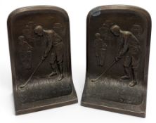 Period pair of bronze effect cast Golfers Bookends, with a golfer teeing off, heavy cast base