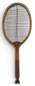 Period Wooden Fish Tail Lawn Tennis Racket, Kay Sports Co London marked County to convex throat,